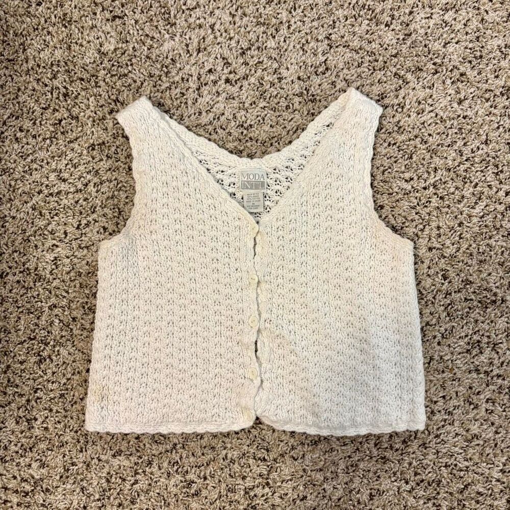 Vintage Women's Crochet White and Cream Crop Top Size M, Cotton Boho Summer